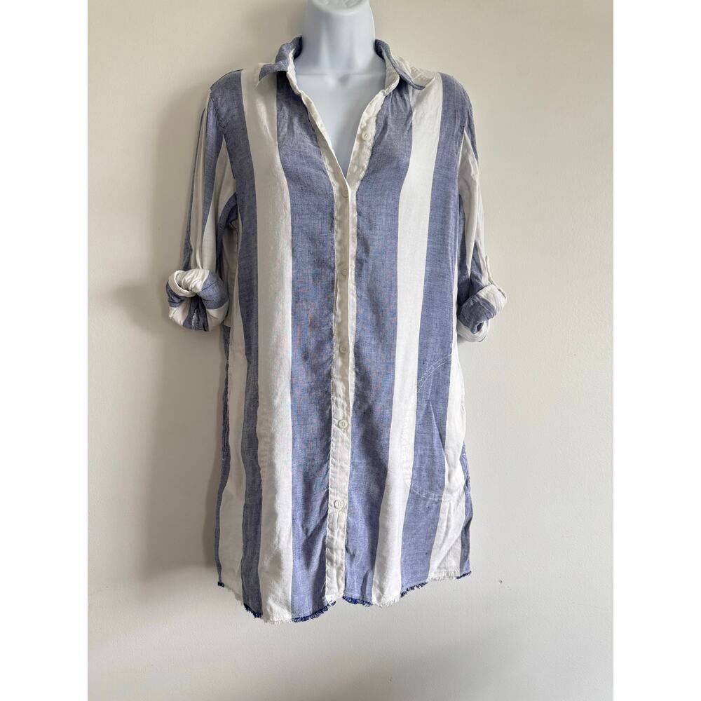 Tommy Bahama Linen Blend Tunic Shirt XS Blue White Stripe Roll Tab Long Sleeve‎